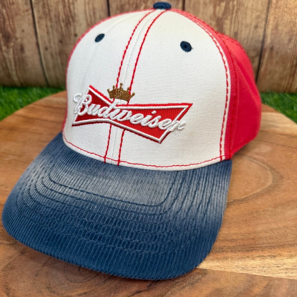 Budweiser Logo Baseball Cap Mens One Size Red White Blue Corduroy Adjustable